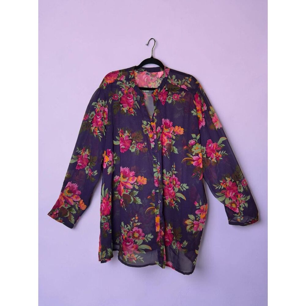 Woman Within Plus Size 3X Sheer Floral Button Down Blouse Tunic Top Purple Multi